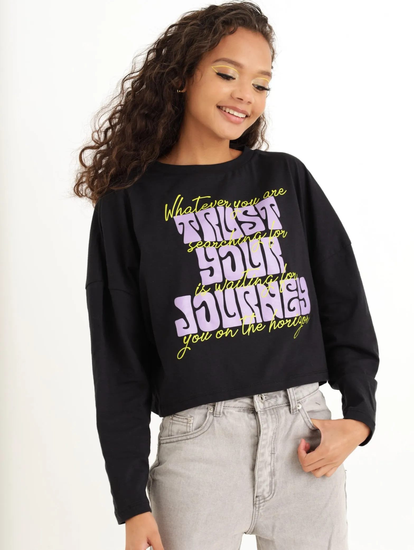 Ladies Long Sleeve Graphic Boxy Tee - Black