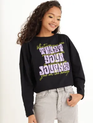 Ladies Long Sleeve Graphic Boxy Tee - Black