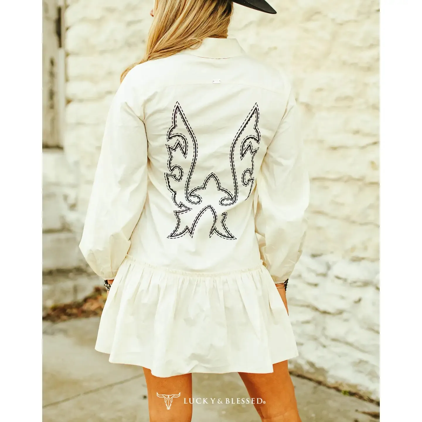 Ladies Lucky & Blessed Ivory Concho Button Down Collared Tier Dress - DR380