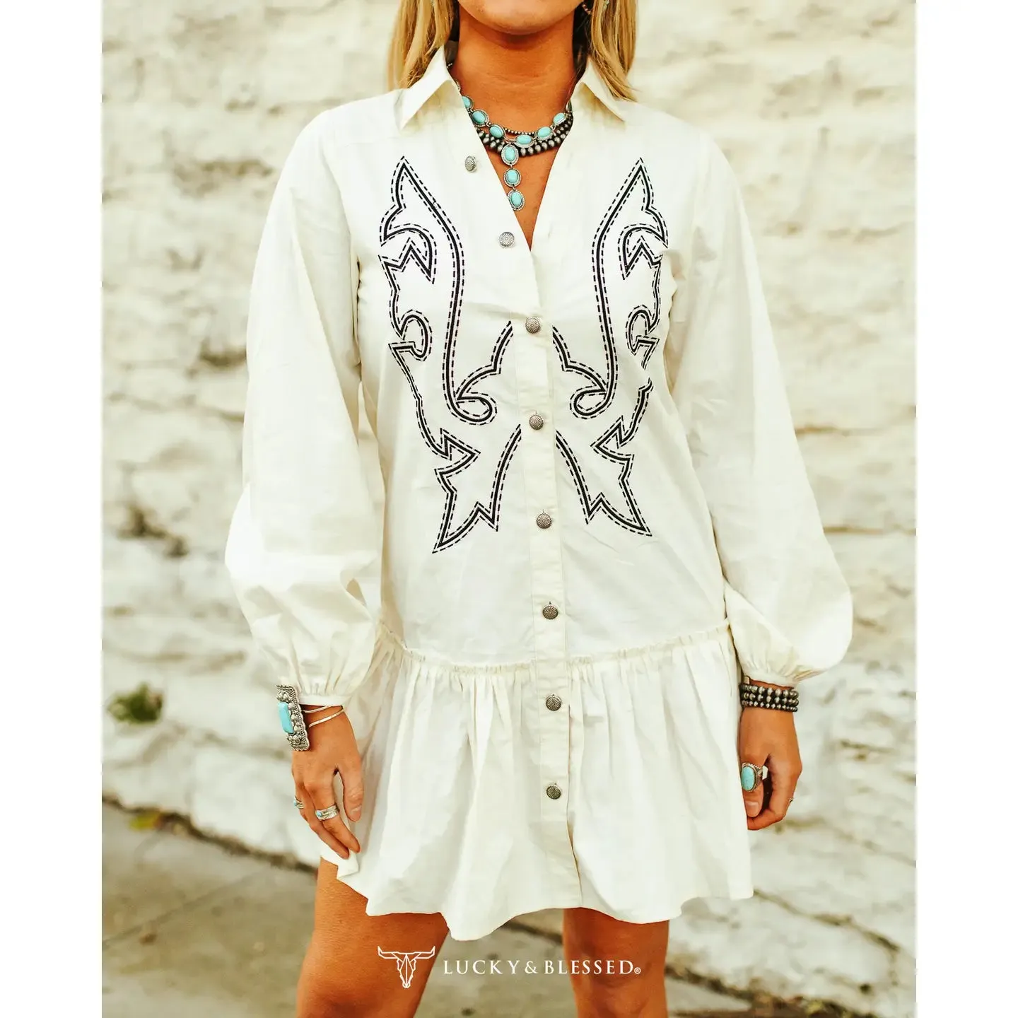 Ladies Lucky & Blessed Ivory Concho Button Down Collared Tier Dress - DR380