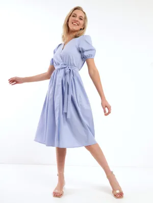 Ladies Wrap Puff Sleeve 50s Tea Dress - Light Blue