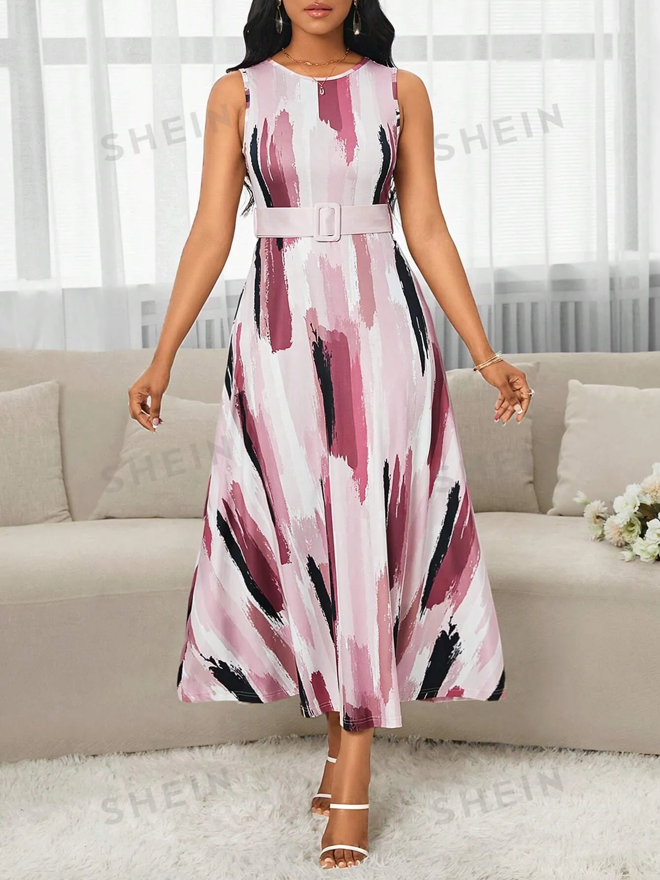 Lady Women's Elegant Mid-Length Abstract Sketch Pink Printed Dress