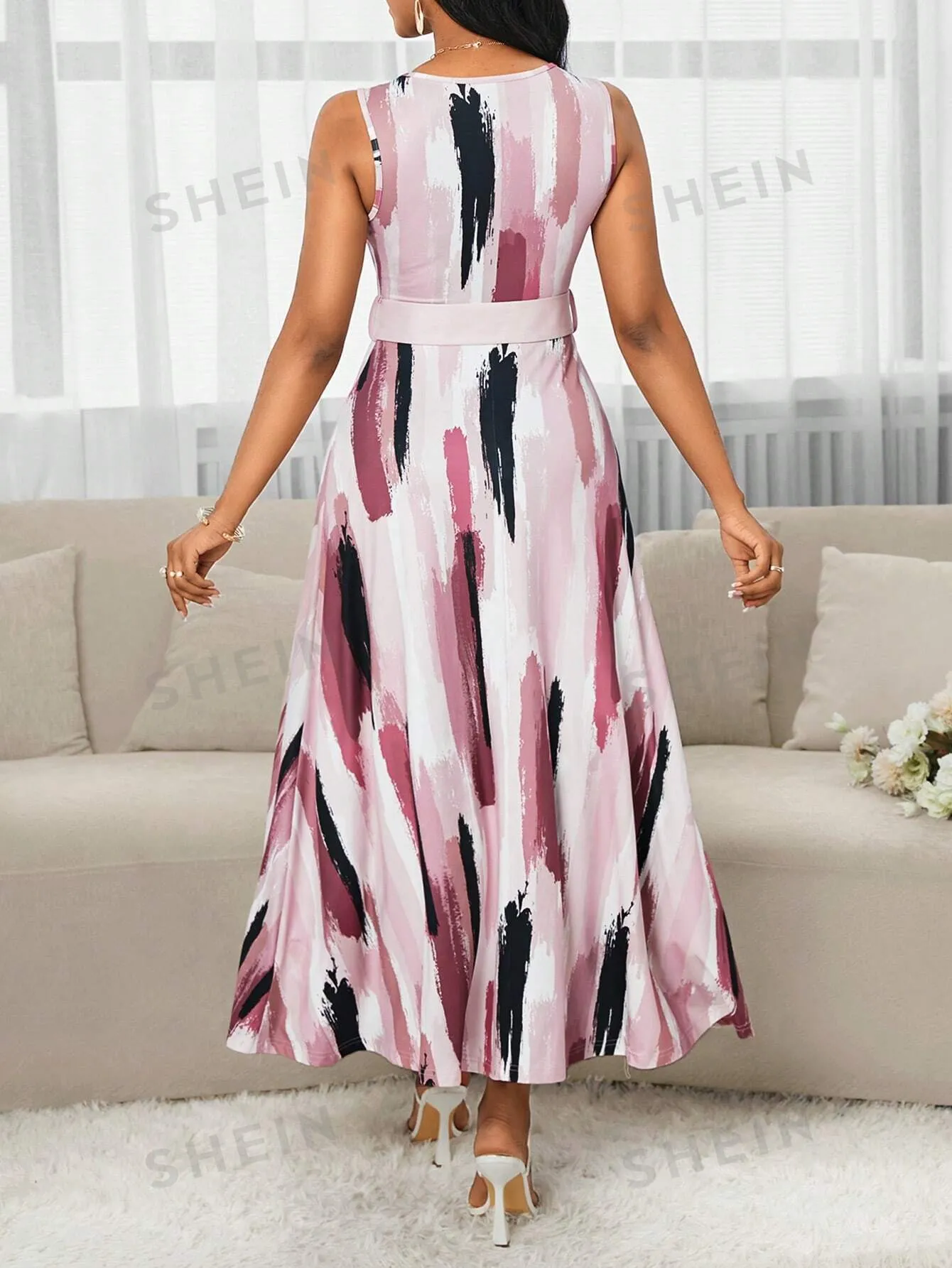 Lady Women's Elegant Mid-Length Abstract Sketch Pink Printed Dress