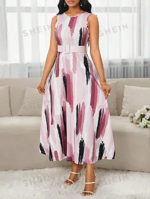 Lady Women's Elegant Mid-Length Abstract Sketch Pink Printed Dress