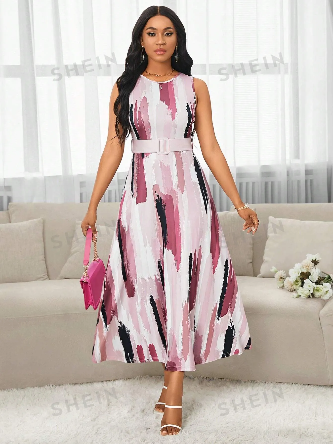 Lady Women's Elegant Mid-Length Abstract Sketch Pink Printed Dress