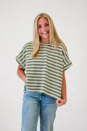 Lazy Day Striped Short Sleeve Top in Dry Herb