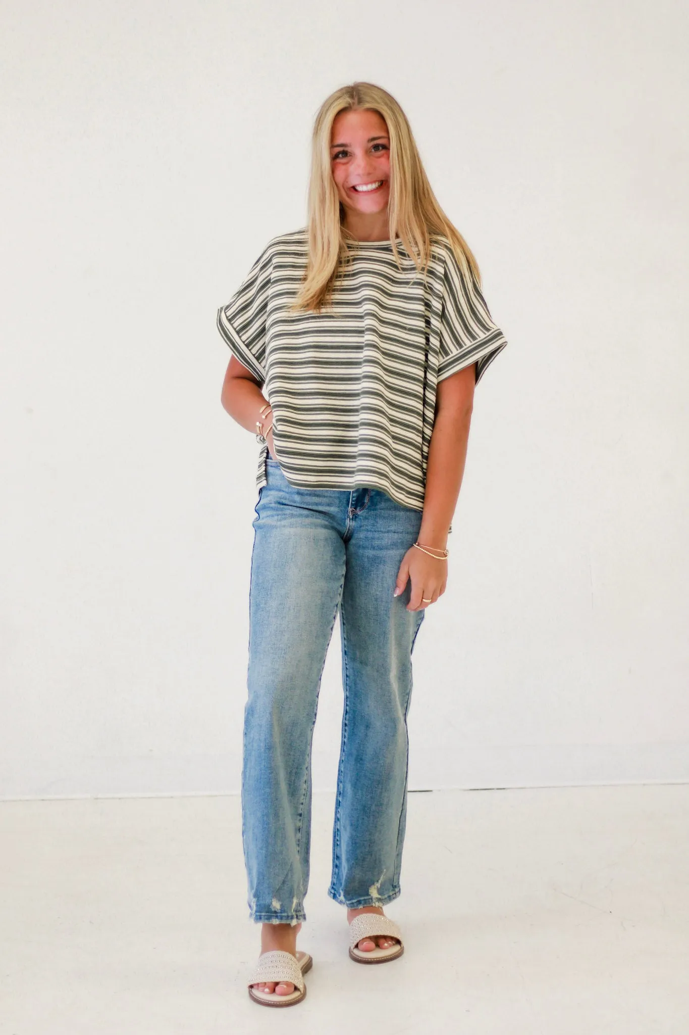 Lazy Day Striped Short Sleeve Top in Dry Herb