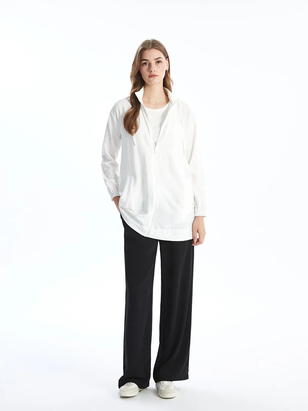 LCW Modest Ecru Hooded Plain Oversize Women Tunic