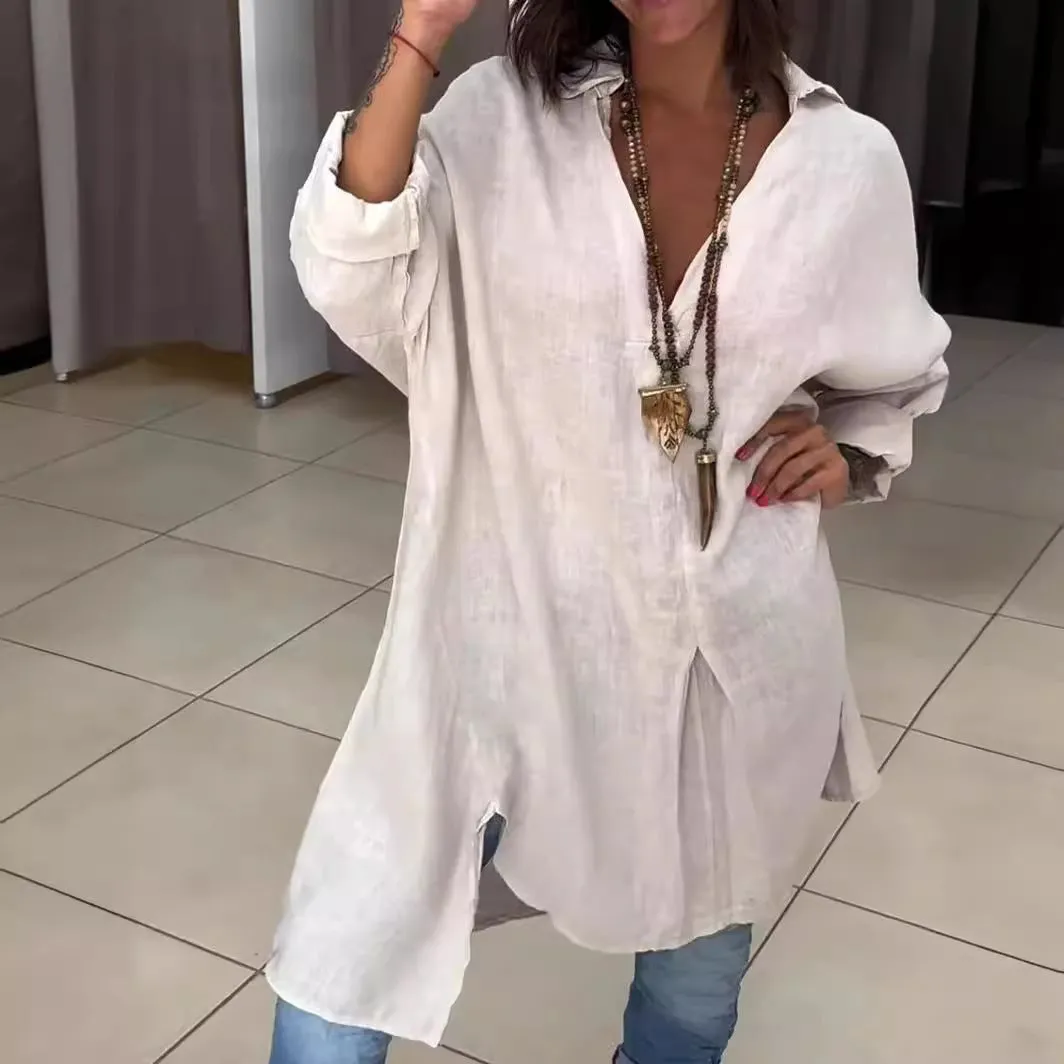 Leila® | Casual linen and cotton V-neck shirt