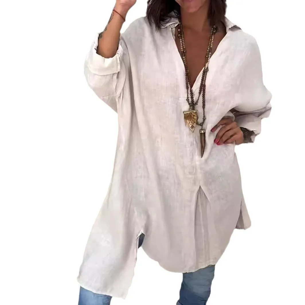 Leila® | Casual linen and cotton V-neck shirt