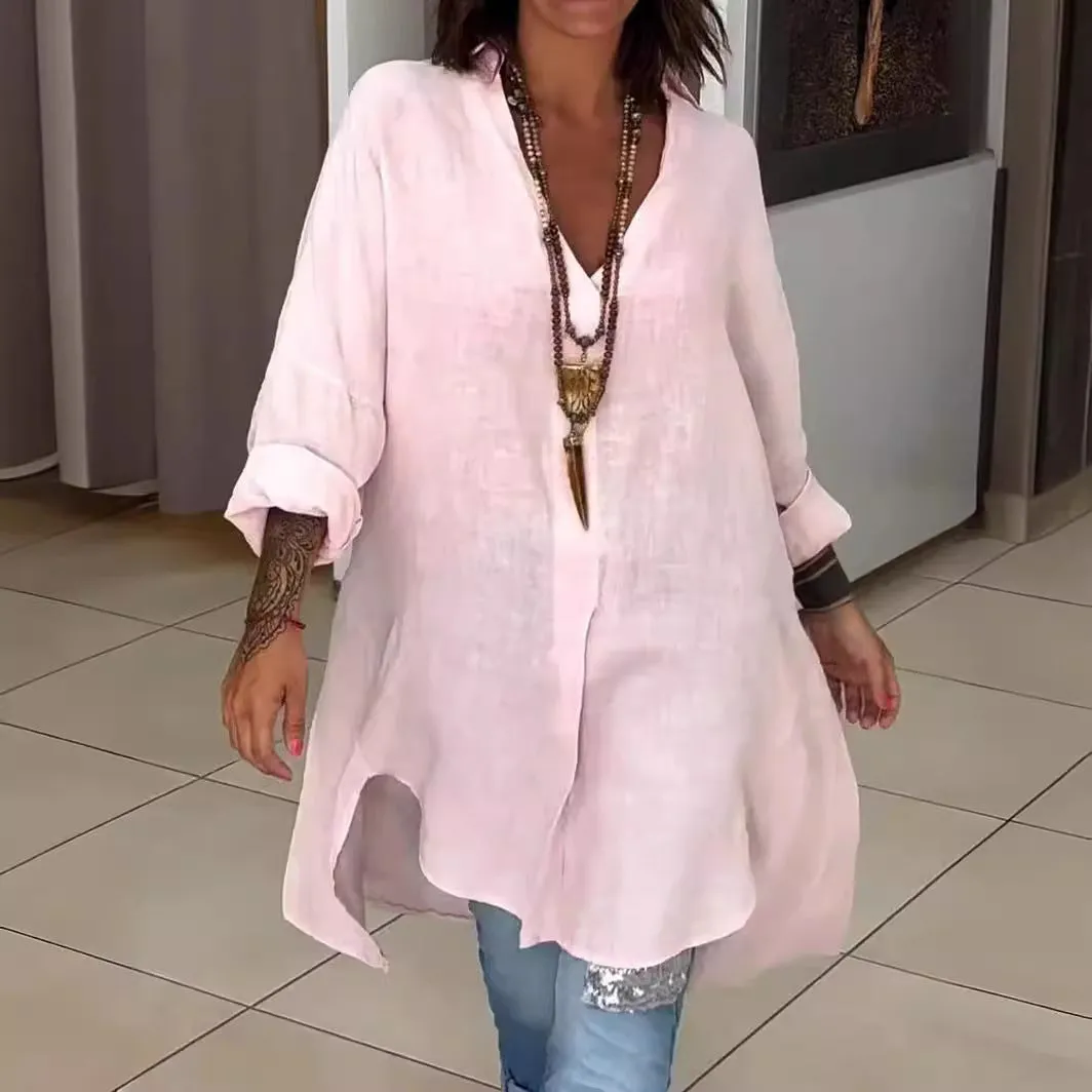 Leila® | Casual linen and cotton V-neck shirt