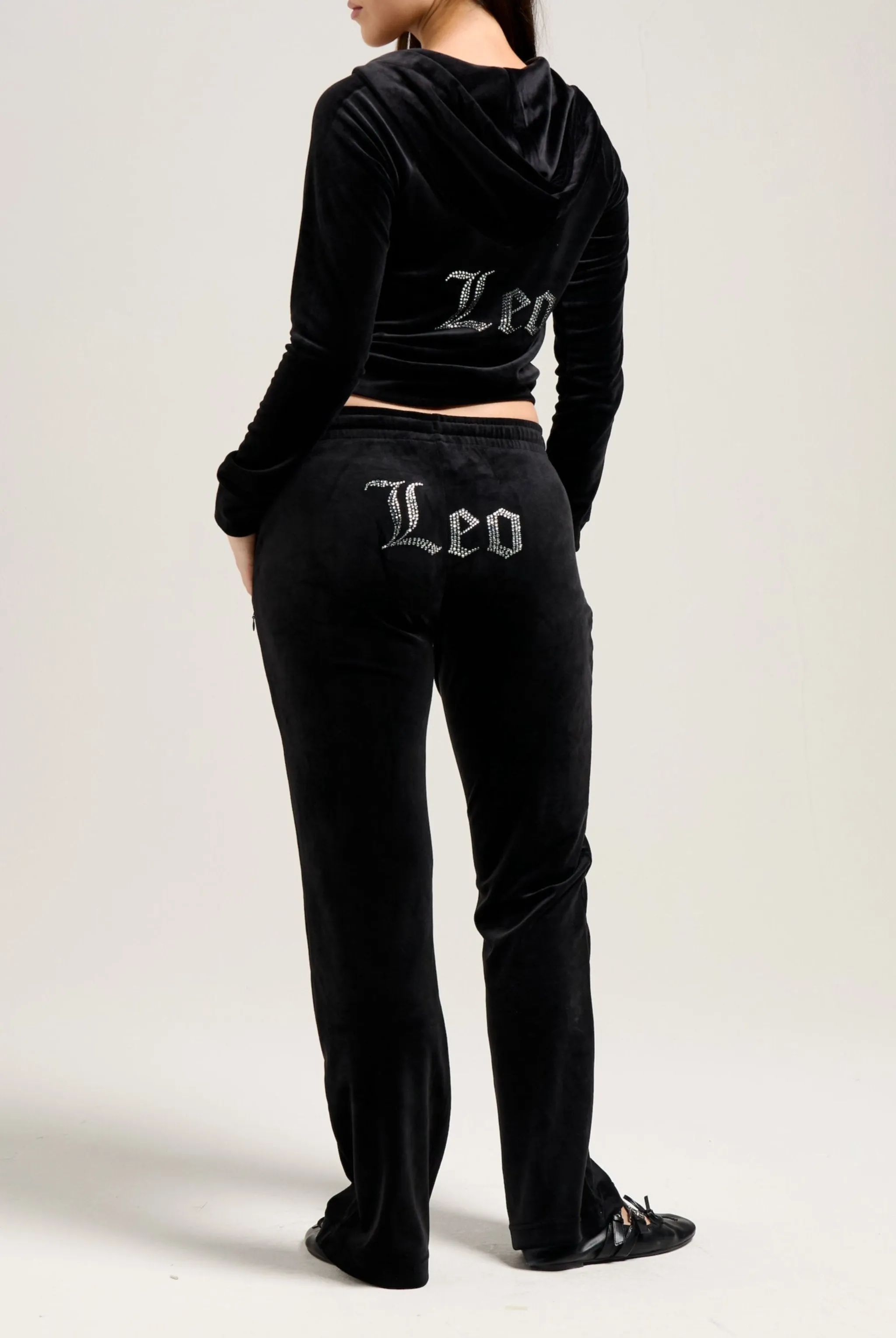 'LEO' BLACK VELOUR DIAMANTÉ TRACKSUIT BOTTOM