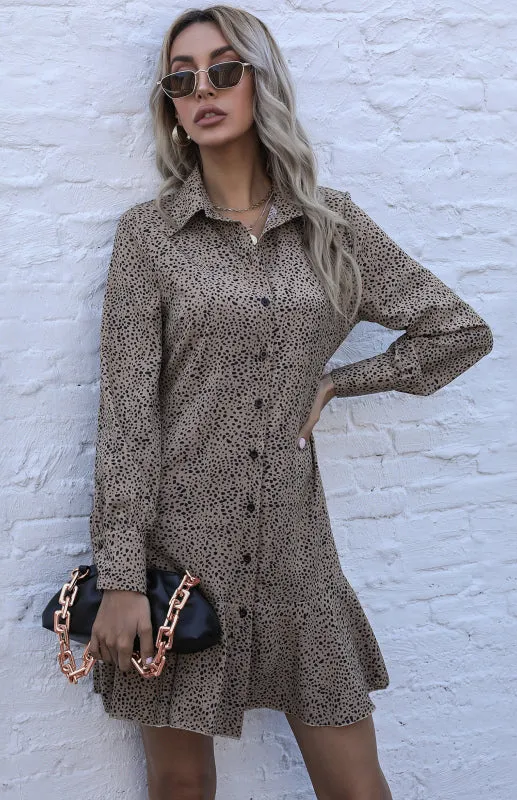 Leopard Print Shirt Dress with Belted Waist and Pleated Skirt
