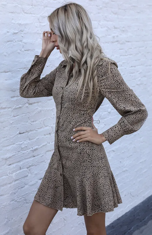 Leopard Print Shirt Dress with Belted Waist and Pleated Skirt