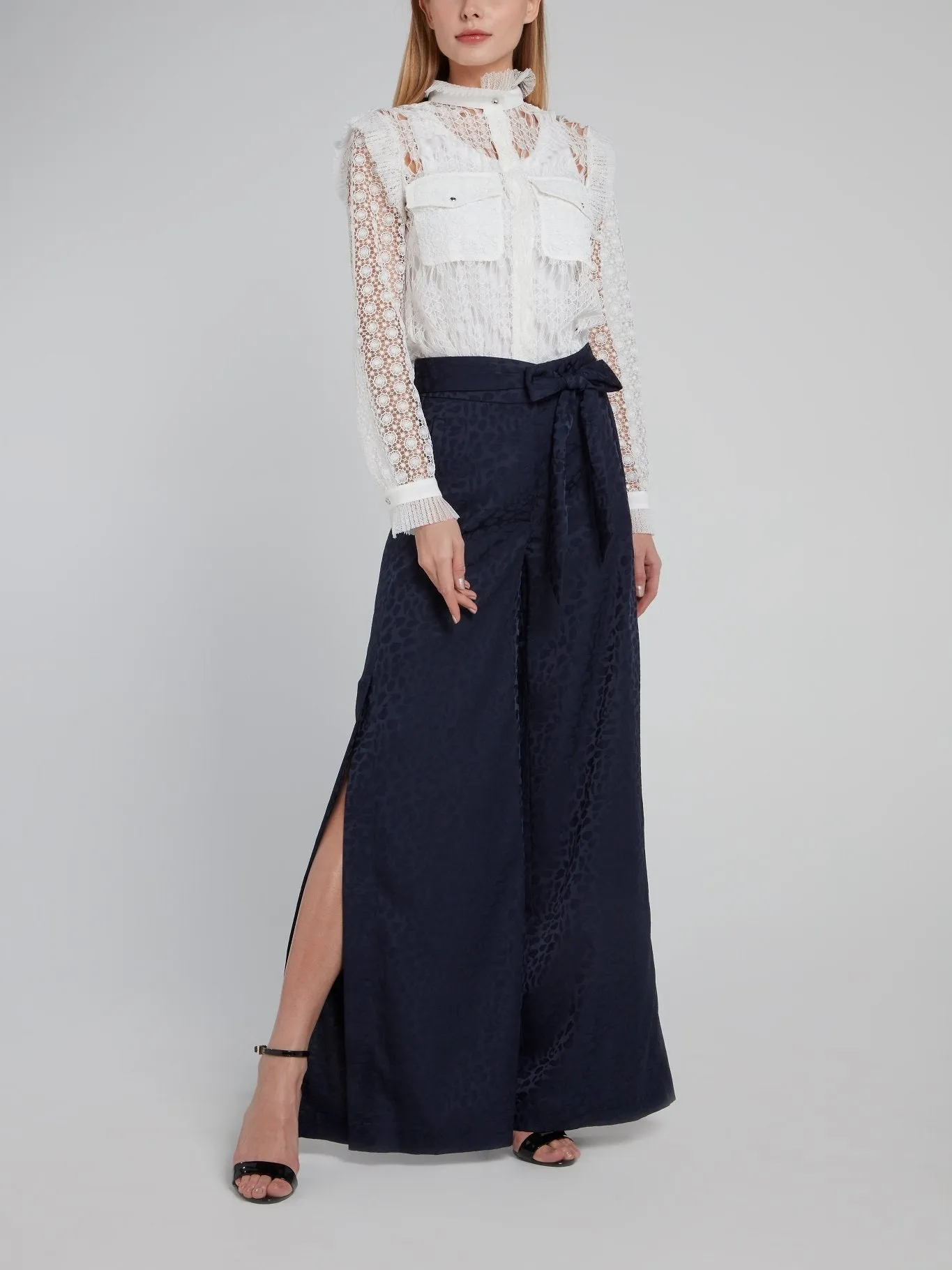 Leopard Tie Front Slit Wide Leg Pants