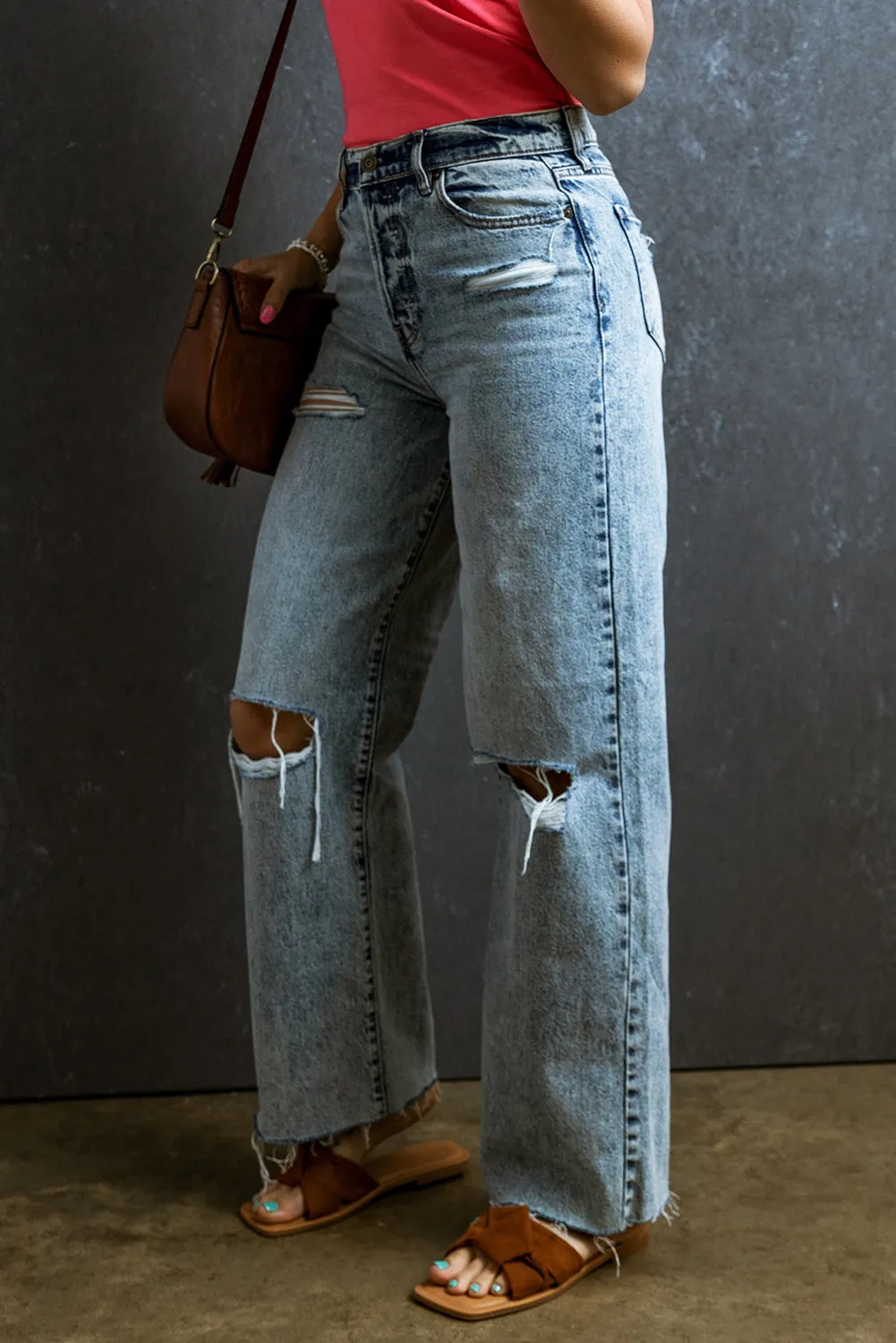 Light Blue Light Wash Distressed Raw Hem Wide Leg Denim Pants