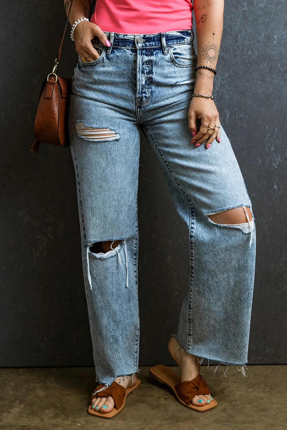 Light Blue Light Wash Distressed Raw Hem Wide Leg Denim Pants