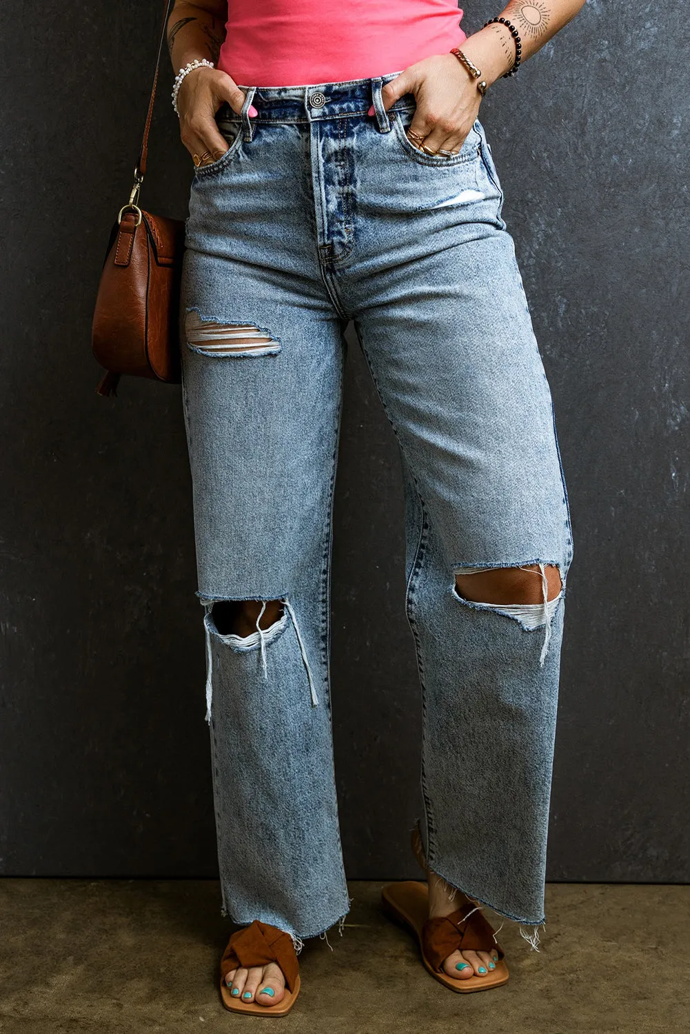 Light Blue Light Wash Distressed Raw Hem Wide Leg Denim Pants