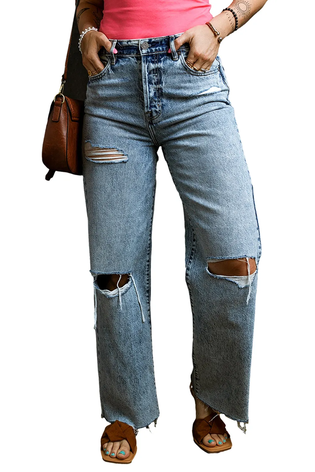 Light Blue Light Wash Distressed Raw Hem Wide Leg Denim Pants