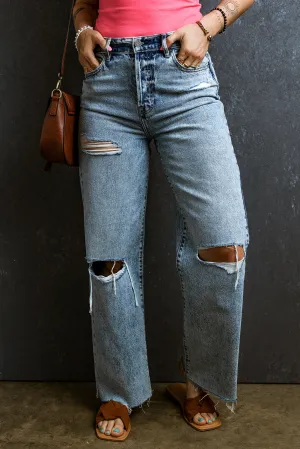 Light Blue Light Wash Distressed Raw Hem Wide Leg Denim Pants