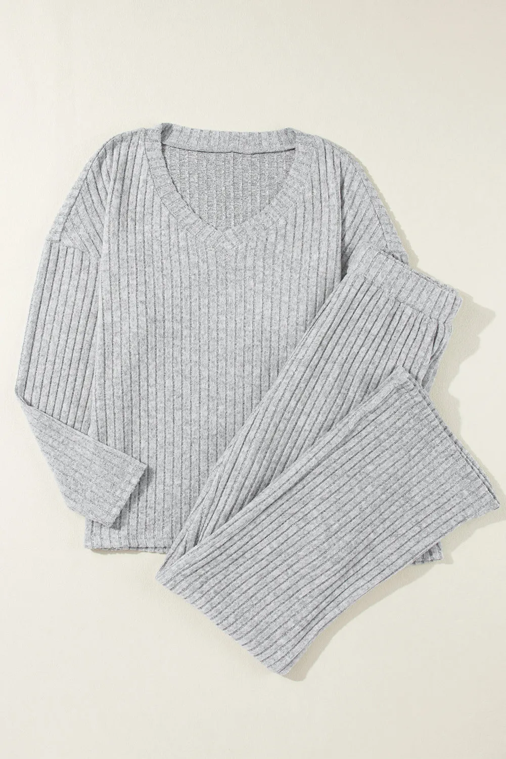 Light Grey Ribbed Knit V Neck Slouchy Two-Piece Loungewear Outfit