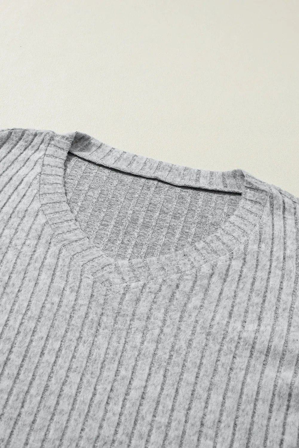 Light Grey Ribbed Knit V Neck Slouchy Two-Piece Loungewear Outfit