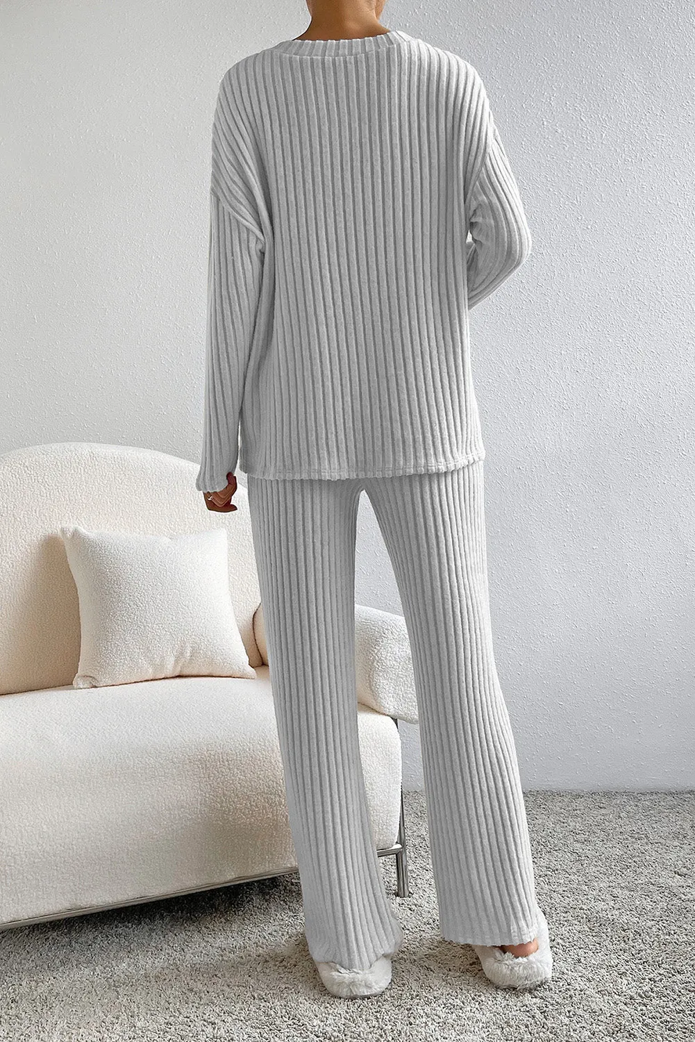 Light Grey Ribbed Knit V Neck Slouchy Two-Piece Loungewear Outfit