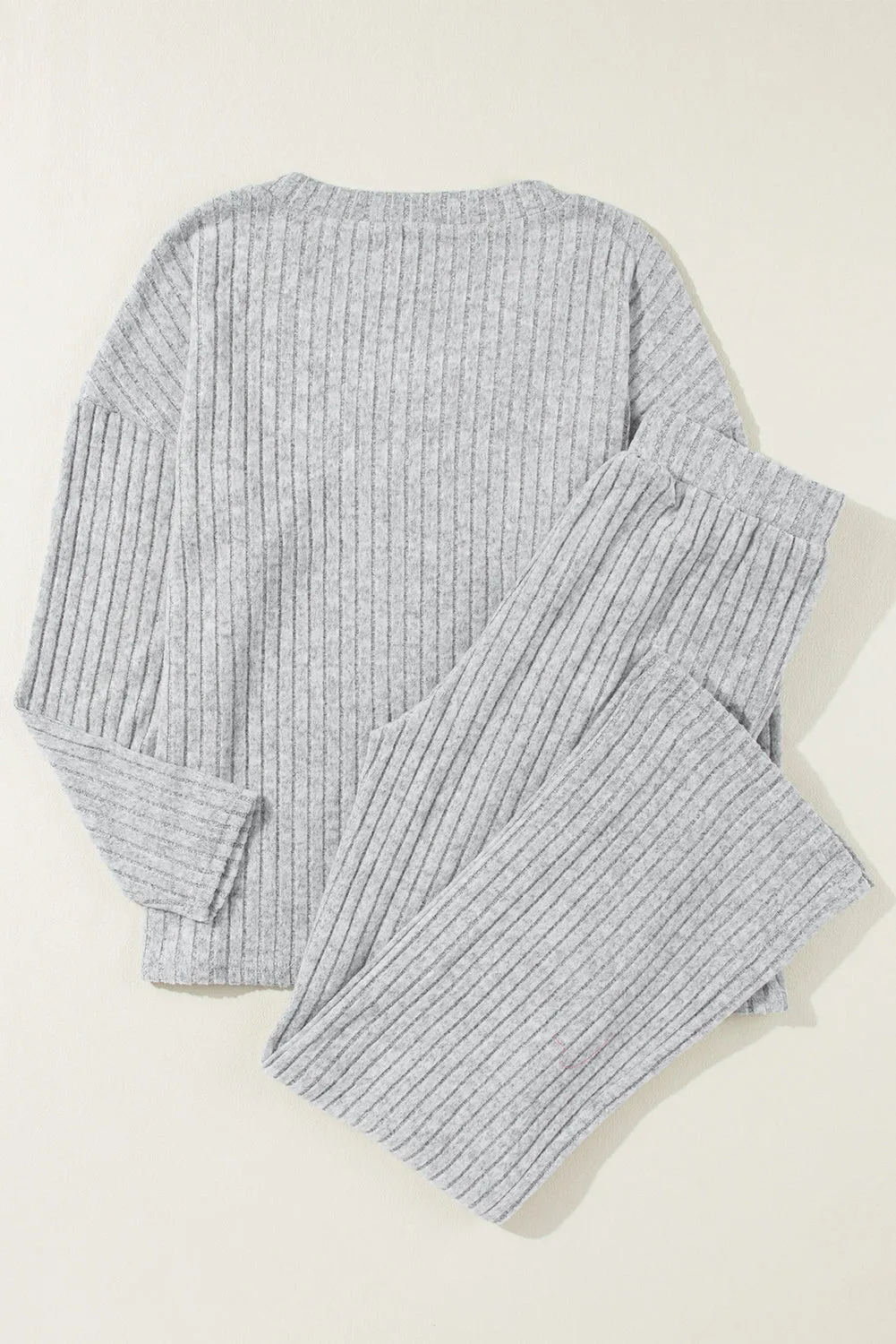 Light Grey Ribbed Knit V Neck Slouchy Two-Piece Loungewear Outfit