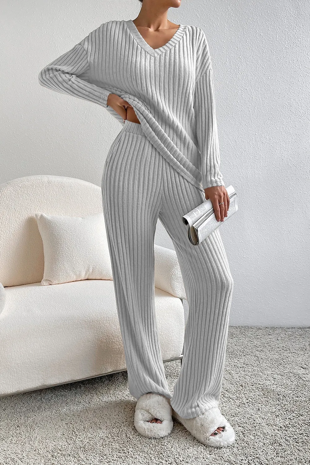 Light Grey Ribbed Knit V Neck Slouchy Two-Piece Loungewear Outfit