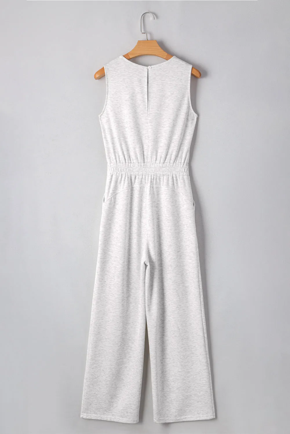 Light Grey Solid Color Crew Neck Drawstring High Waist Sleeveless Jumpsuit