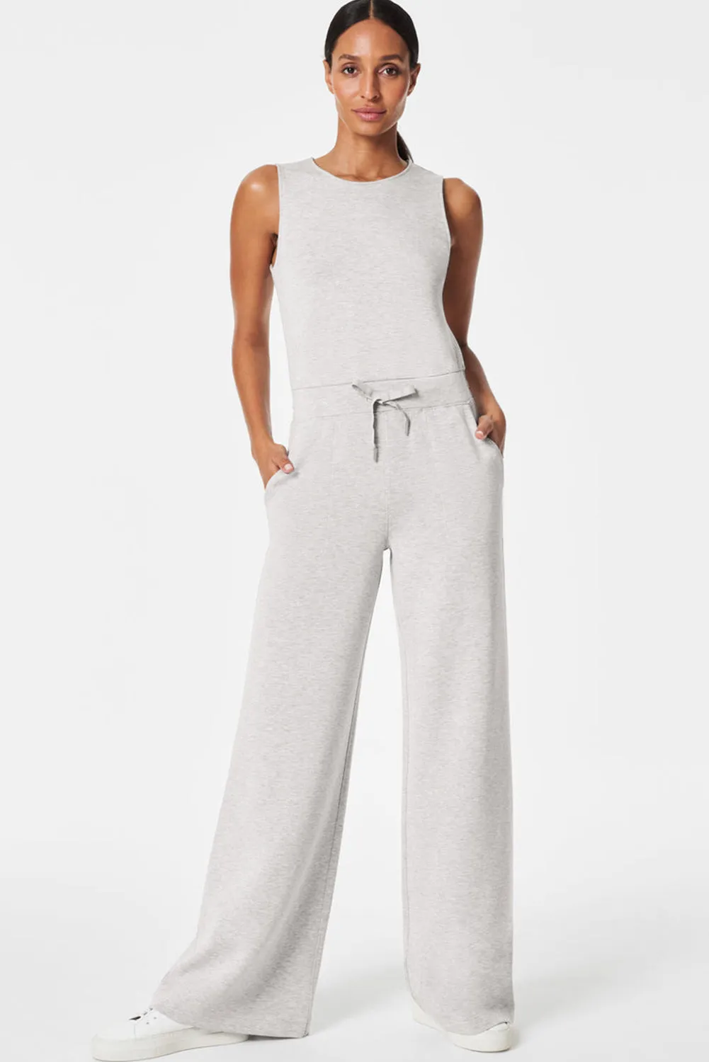 Light Grey Solid Color Crew Neck Drawstring High Waist Sleeveless Jumpsuit
