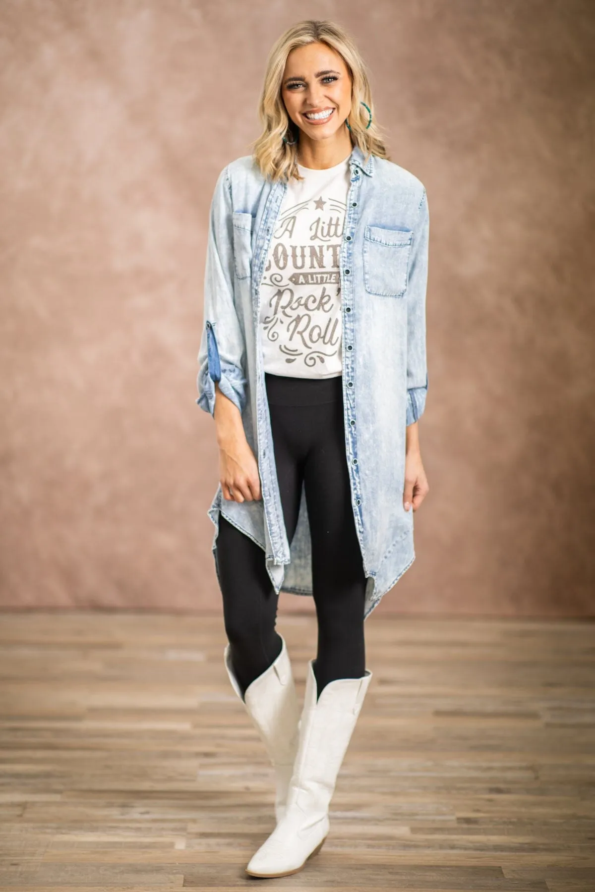 Light Wash Bleached Button Down Mid Length Top
