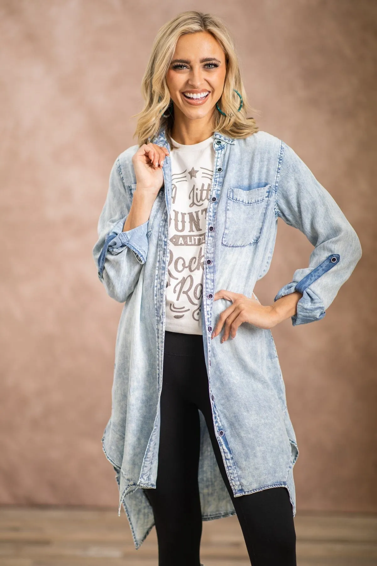 Light Wash Bleached Button Down Mid Length Top