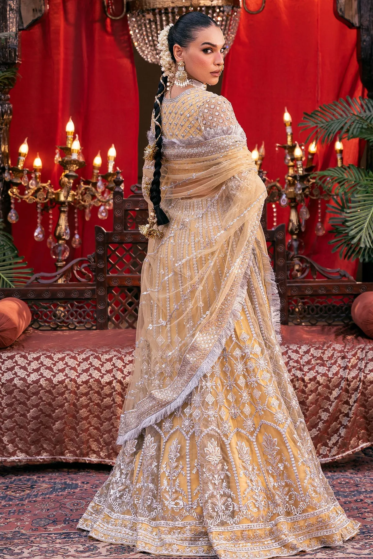 Light Yellow Embroidered Pakistani Wedding Wear Lehenga Choli Dupatta