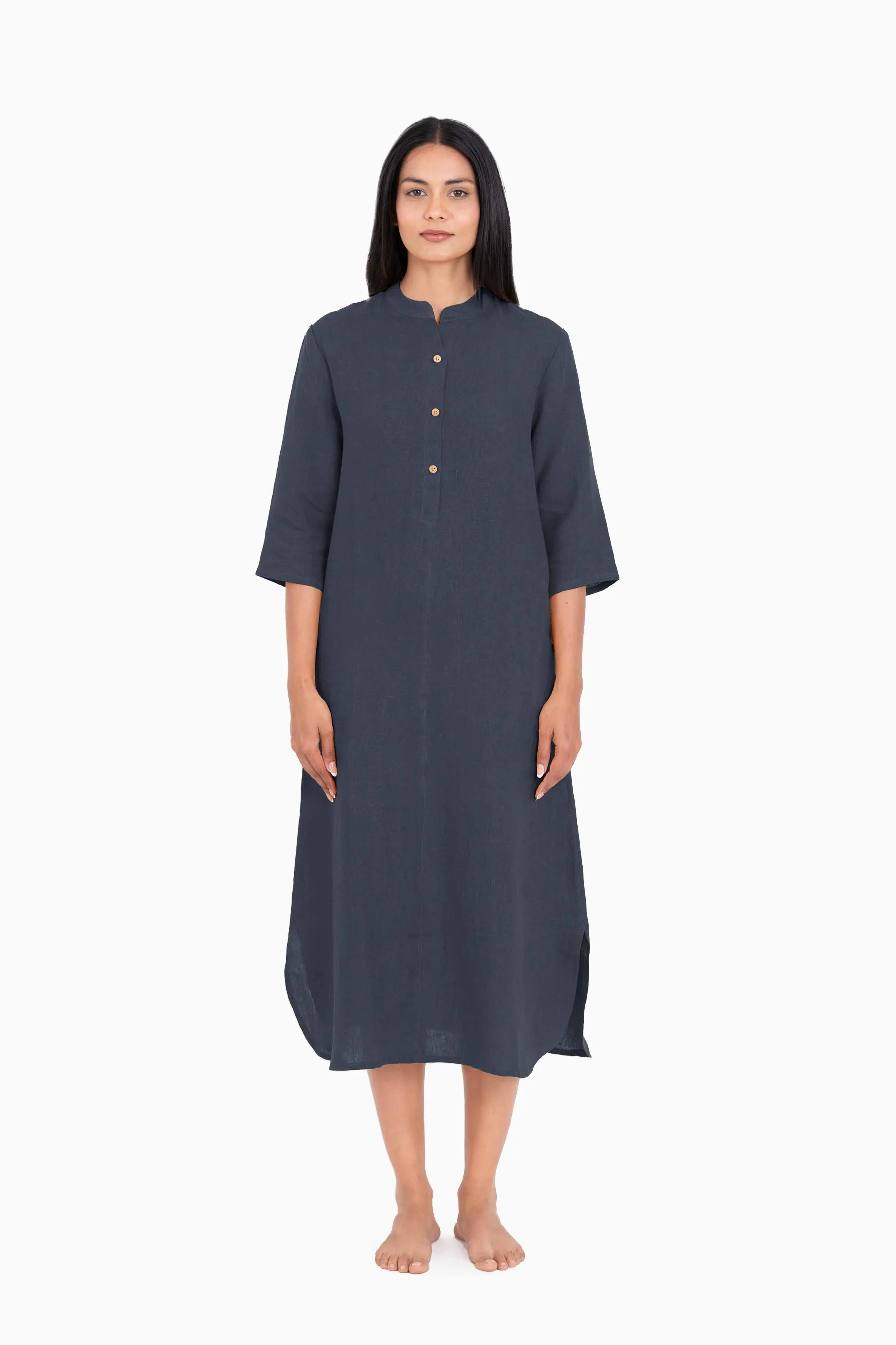 Linen Idris Shirt Dress-Midnight Green