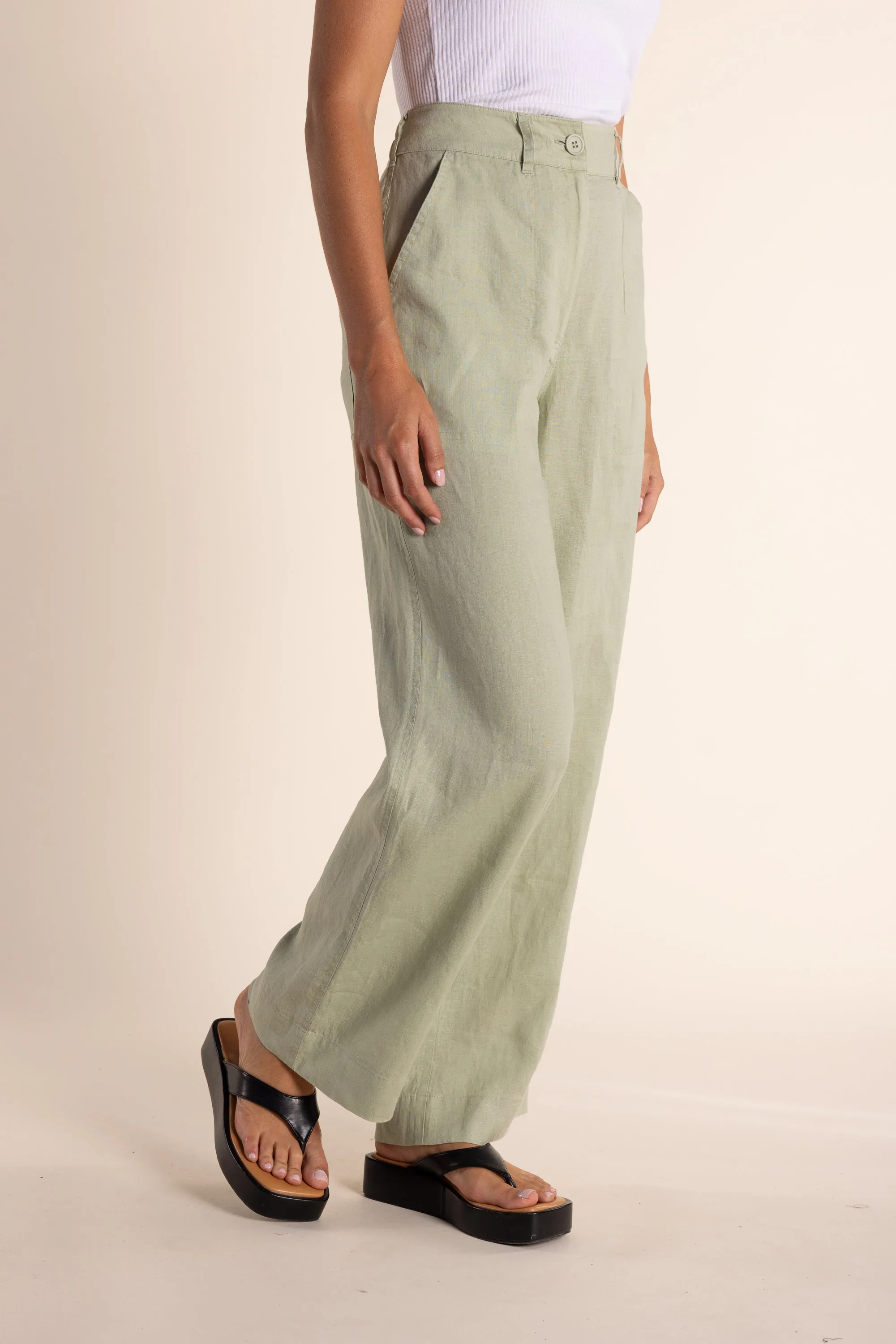 Linen Wide Leg Pants - Avocado