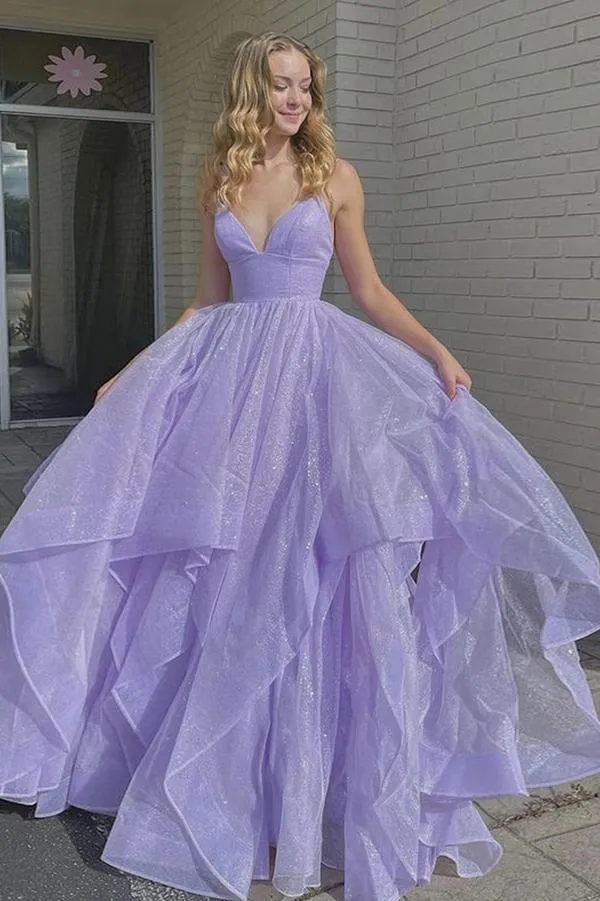Long Princess Lavender Tiered A Line Spaghetti Straps Prom Dresses
