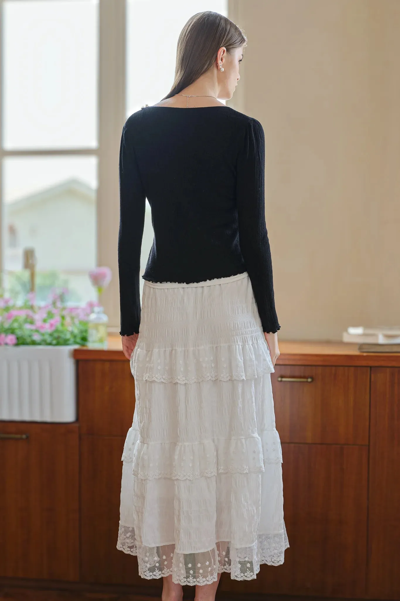 LONG WHITE TIERED LACE SKIRT