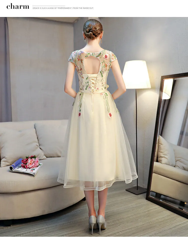 Lovely Light Champagne Cap Sleeves Floral Tea Length Party Dress, Cute Wedding Party Dresses