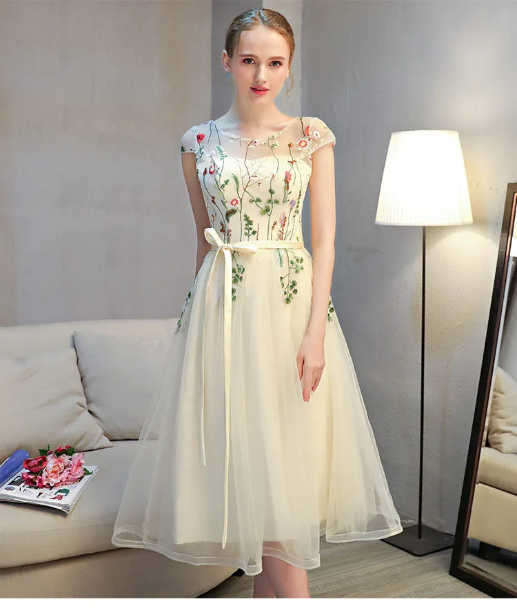 Lovely Light Champagne Cap Sleeves Floral Tea Length Party Dress, Cute Wedding Party Dresses