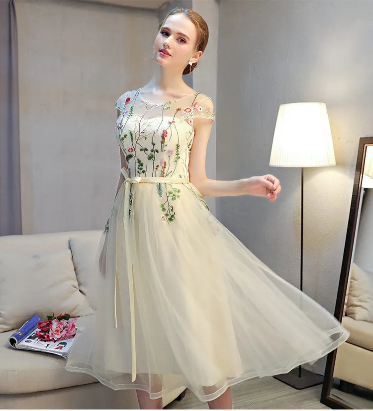 Lovely Light Champagne Cap Sleeves Floral Tea Length Party Dress, Cute Wedding Party Dresses