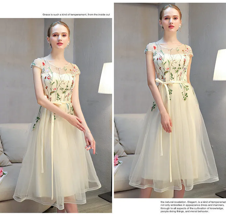 Lovely Light Champagne Cap Sleeves Floral Tea Length Party Dress, Cute Wedding Party Dresses