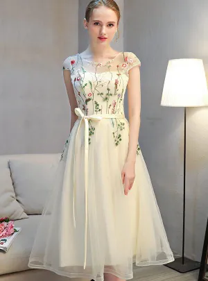 Lovely Light Champagne Cap Sleeves Floral Tea Length Party Dress, Cute Wedding Party Dresses