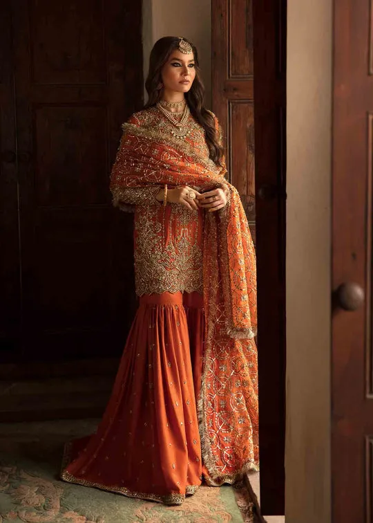 Luxury Burnt Orange Embroidered Pakistani Wedding Dress Kurti Sharara
