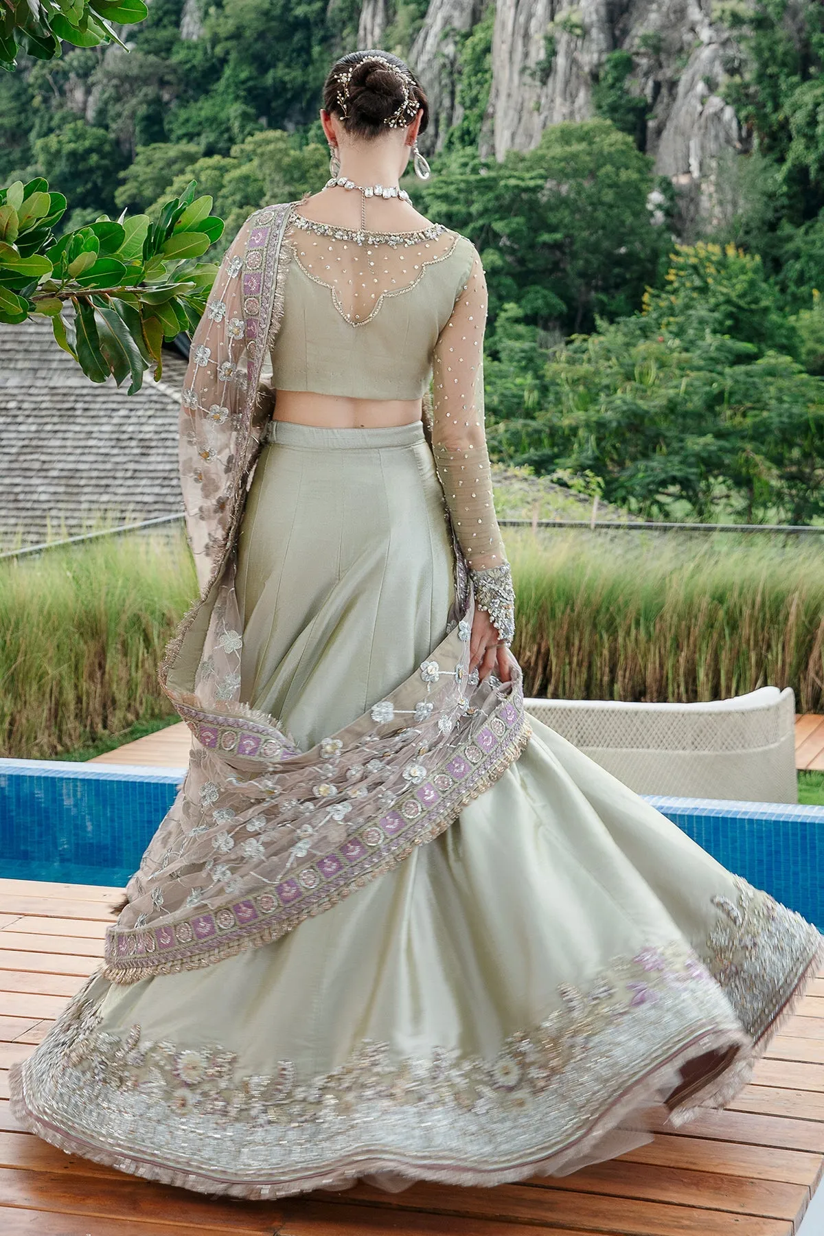 Luxury Embroidered Mint Green Pakistani Wedding Wear Lehenga Choli