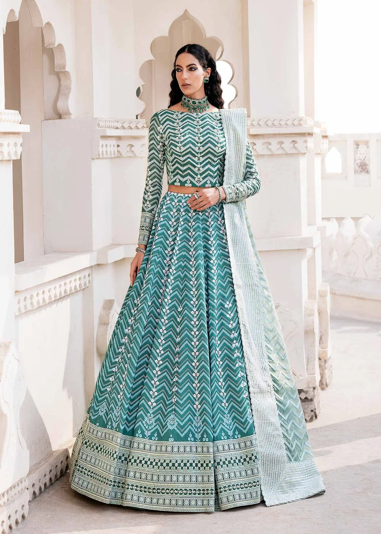 Luxury Teal Green Pakistani Wedding Dress in Lehenga Choli Style