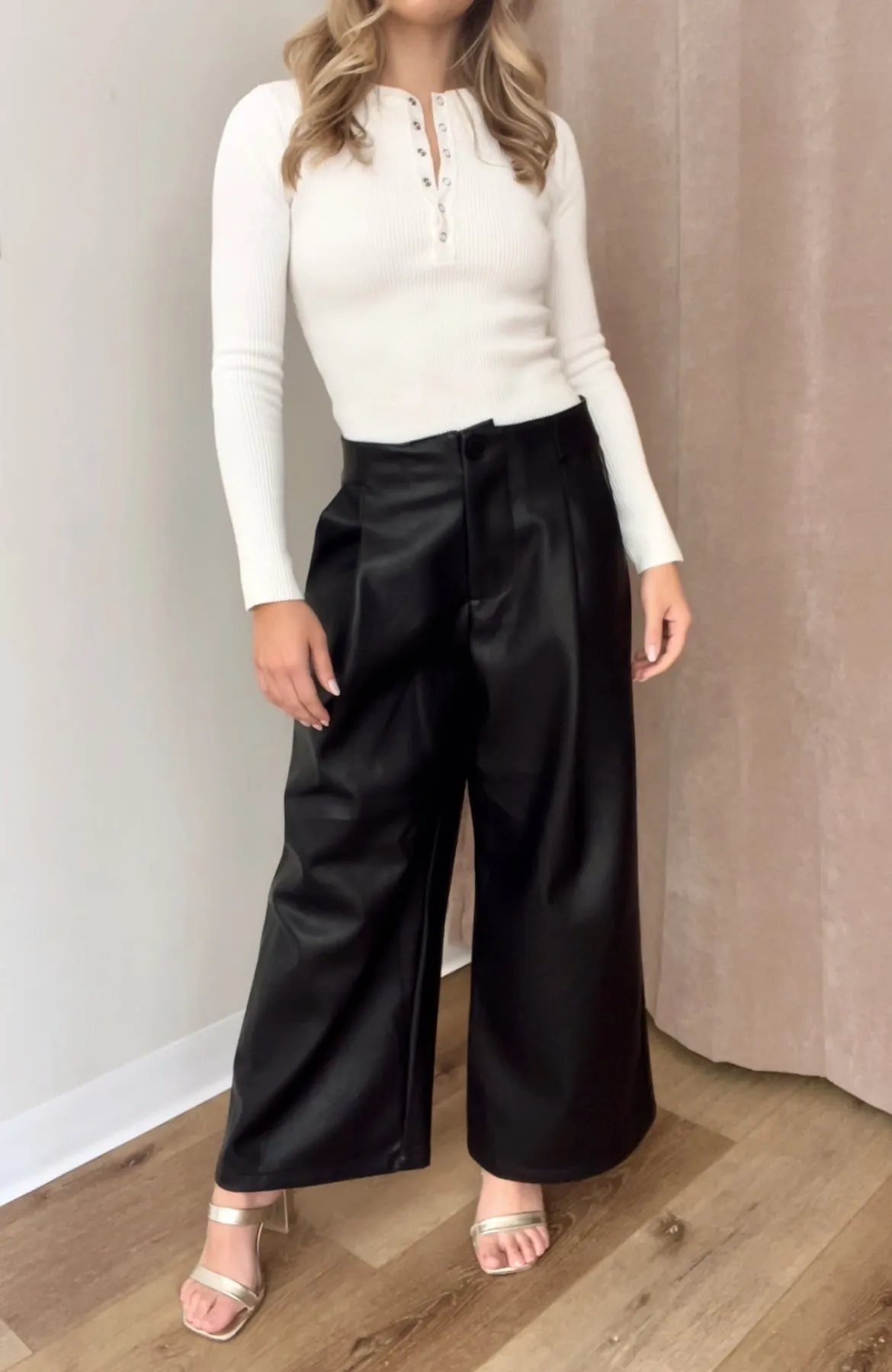 Manhattan Pleather Wide Leg Pants- Black