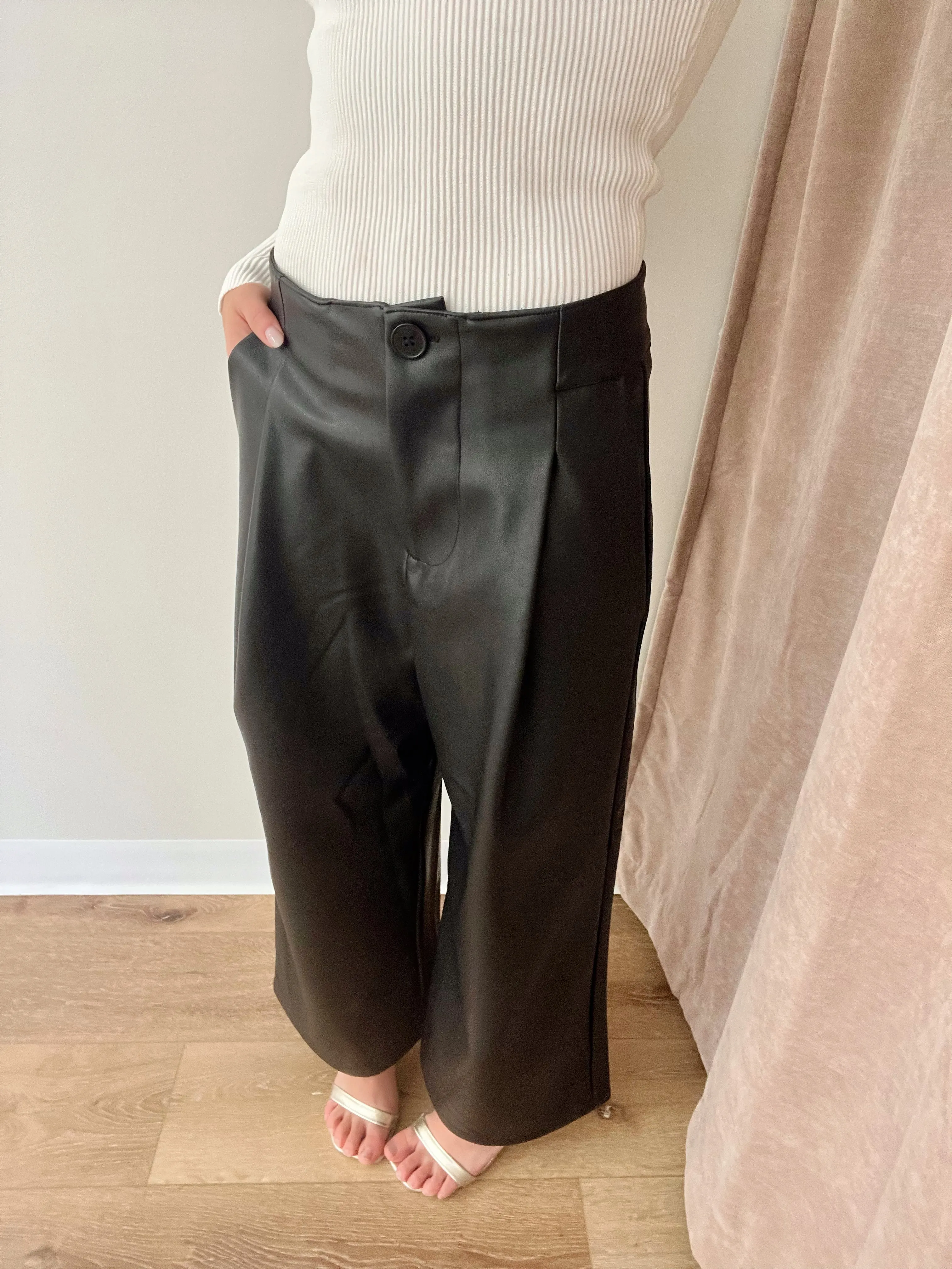 Manhattan Pleather Wide Leg Pants- Black