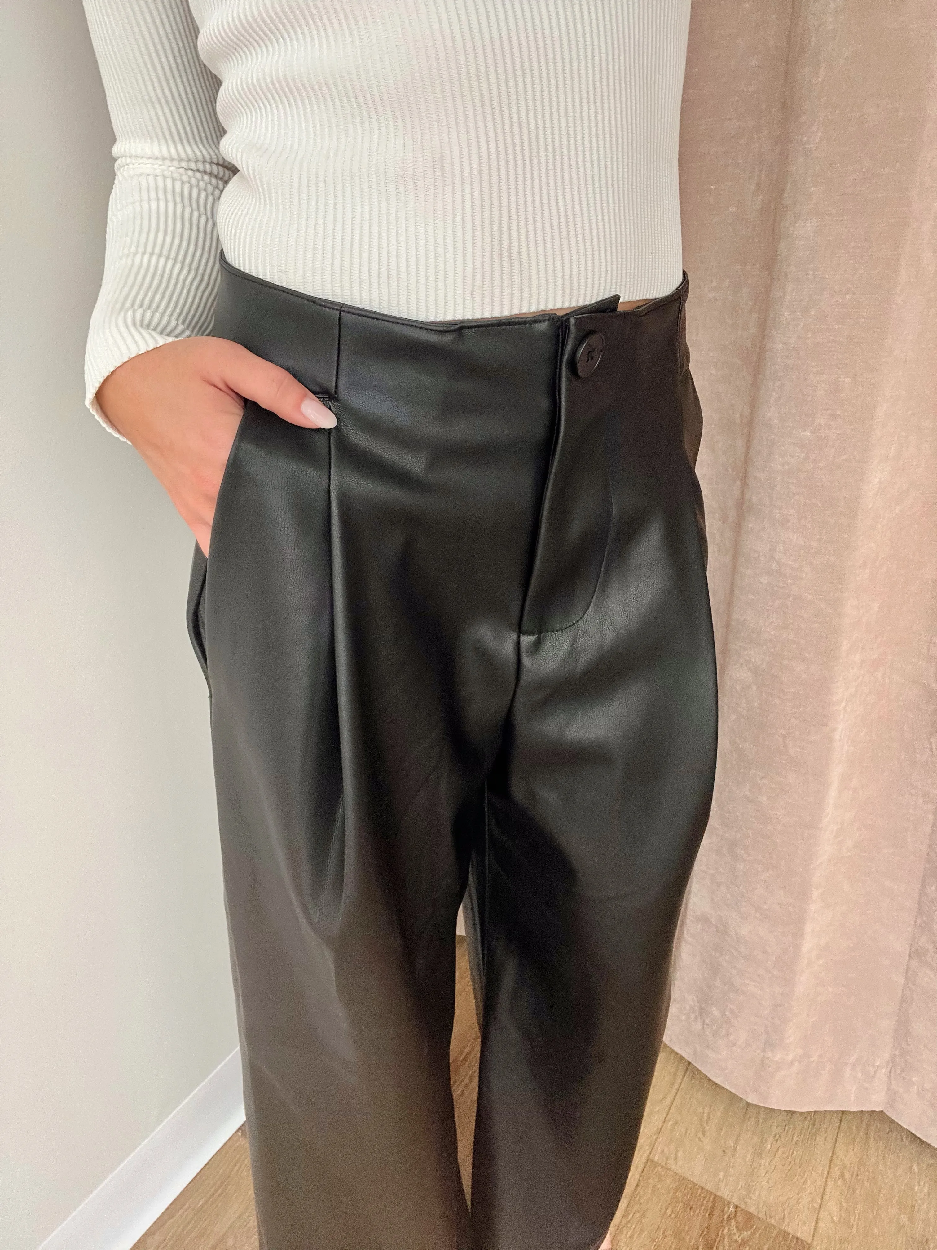 Manhattan Pleather Wide Leg Pants- Black