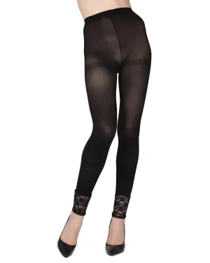 MEMOI MS5273 BLACK BELLE LACE OPAQUE CAPRI TIGHT FOOTLESS